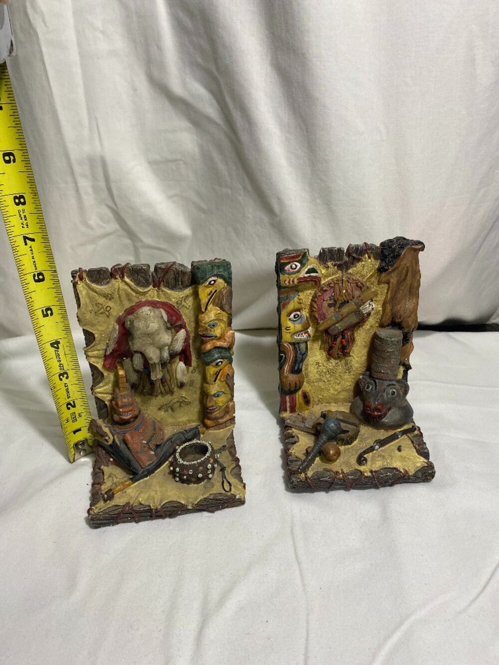 Vintage Southwest Native Tribal Resin Bookends Set Totem Skull Rustic Cabin